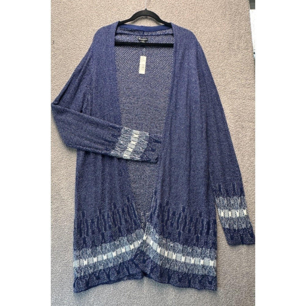 Boho Long Open Knit Duster Cardigan Blue Gold Shimmer Lightweight XL NWT